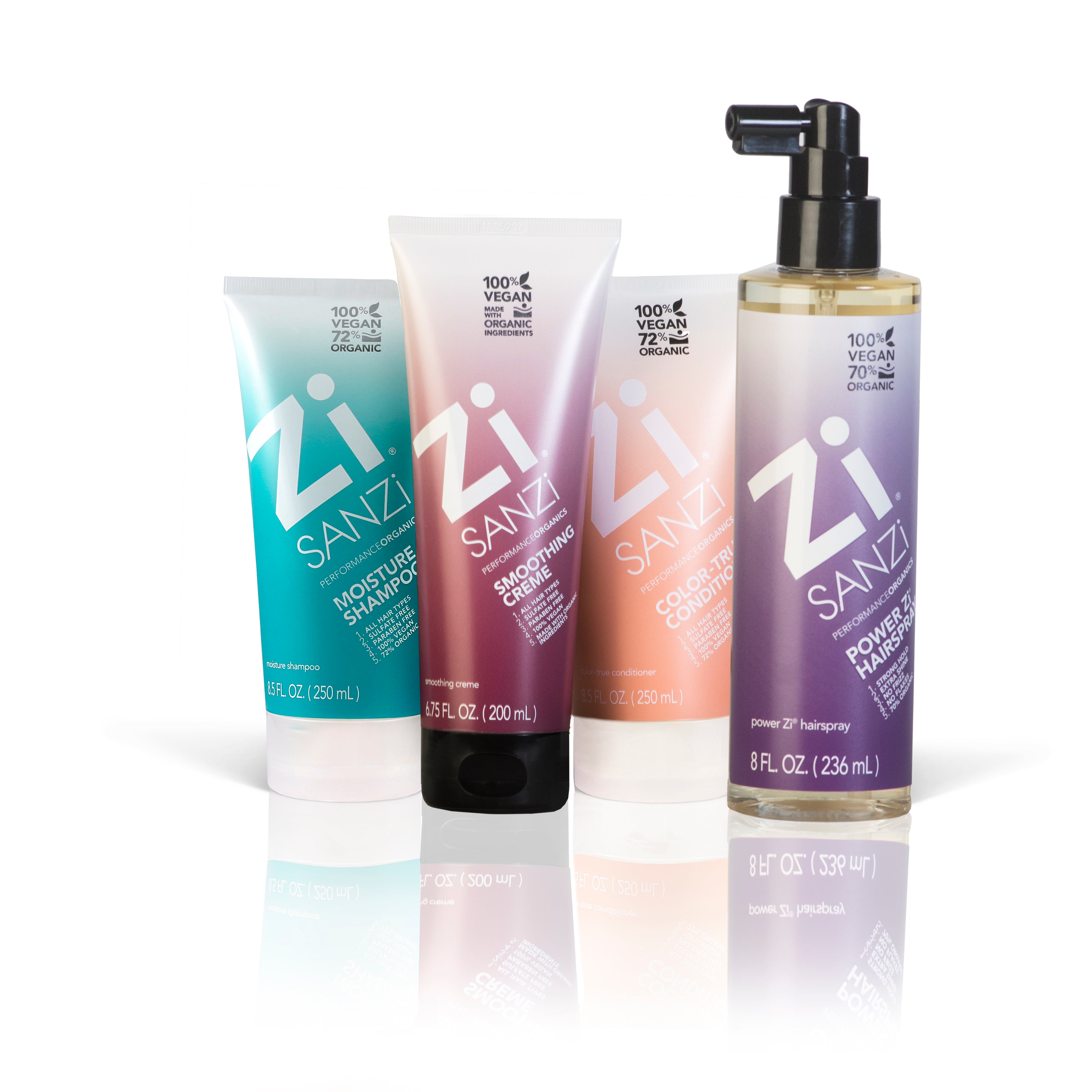Zi Sanzi Performance Organics Complete Hair Care Set: Shampoo, Conditioner, Smoothing Cream & Hair Spray - Vegan, Organic, Sulfate-Free, Made in USA